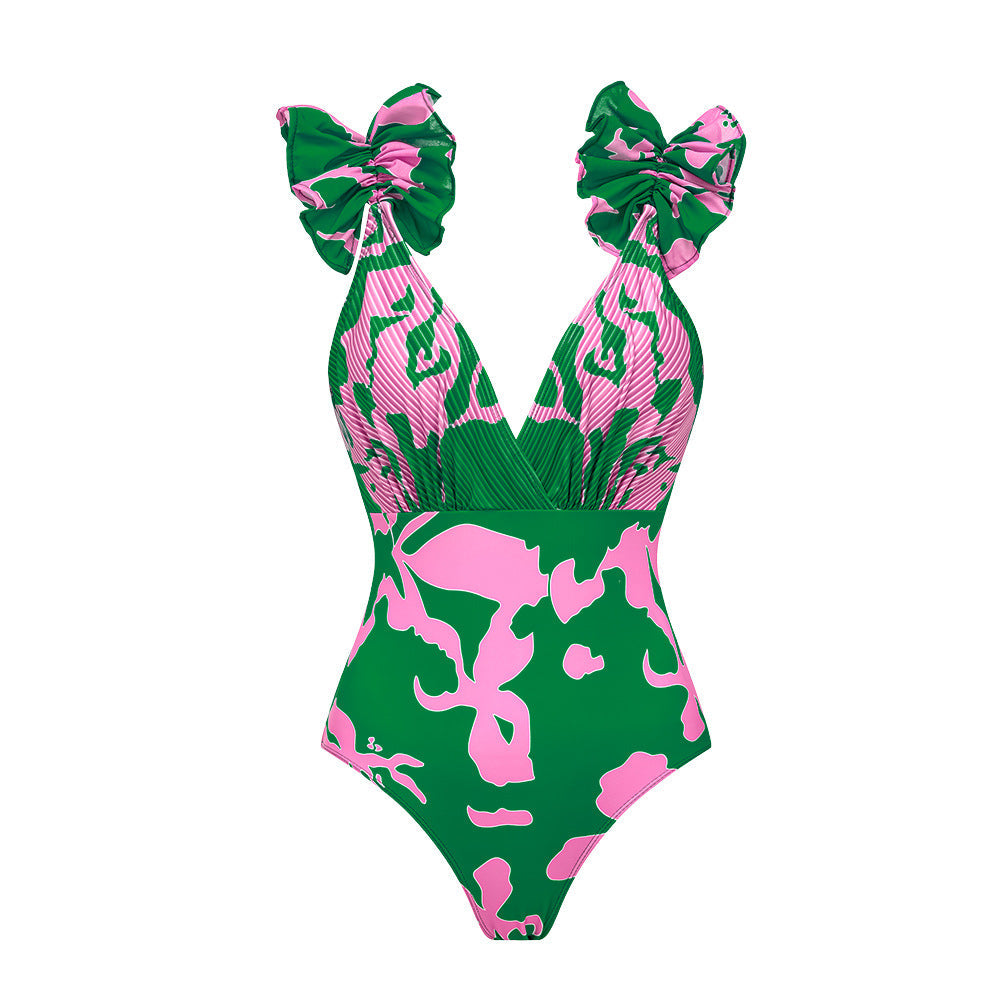 V neck Pleated Print Vacation Swimsuit Women Set Bella Mia